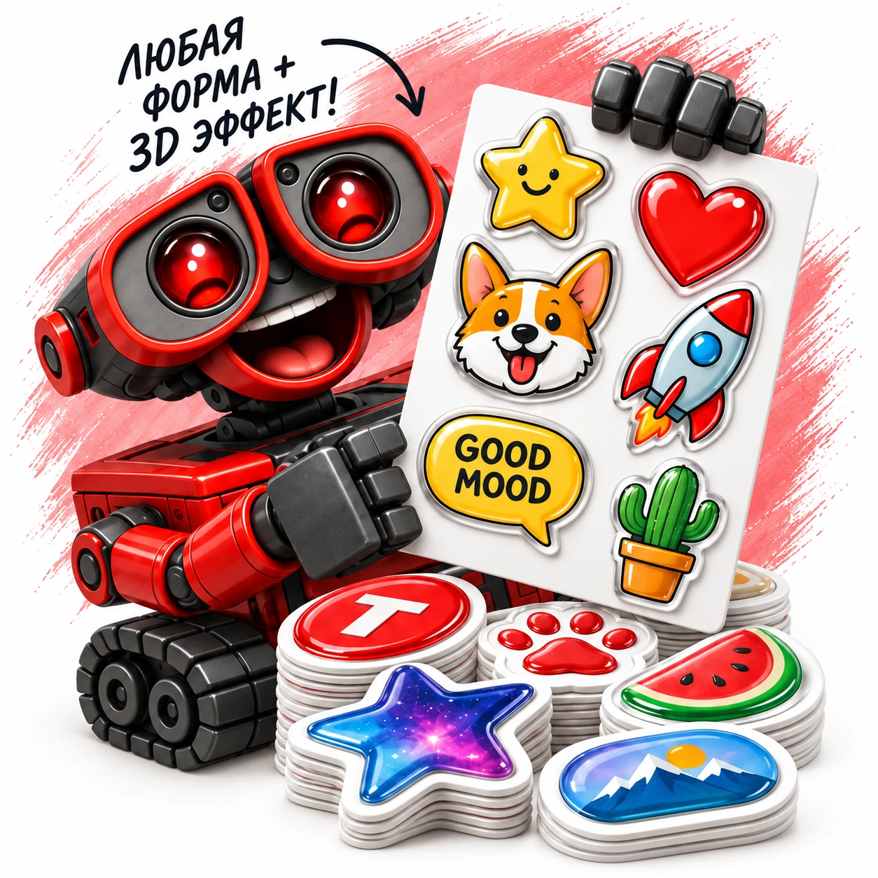 Фигурные 3D-стикеры — иллюстрация студии ТЕКСТ